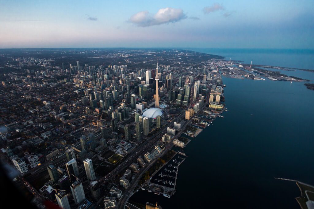 Toronto aerial view showing the Toronto garage door service area for fast and reliable garage door services by Penguin Garage Doors.
