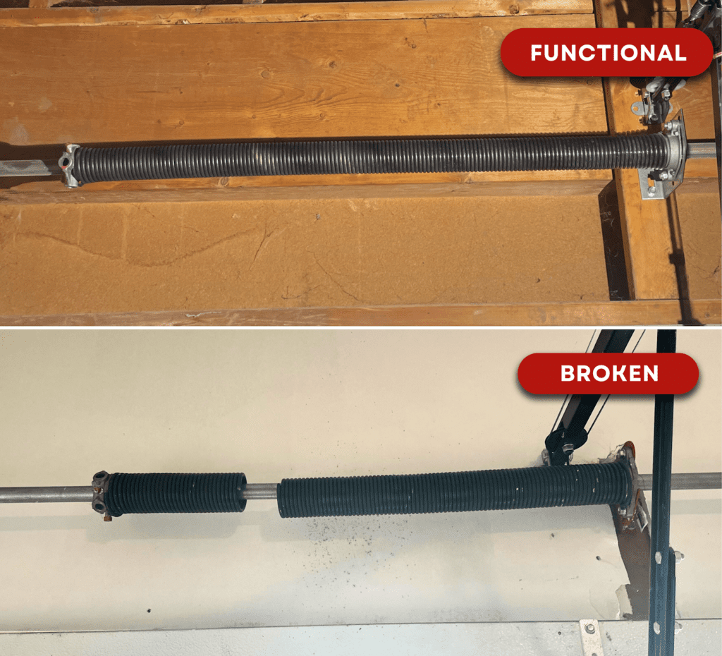 Collage showing a functional garage door torsion spring on top and a broken garage door torsion spring needing replacement below, serviced by Penguin Garage Doors in Thornhill