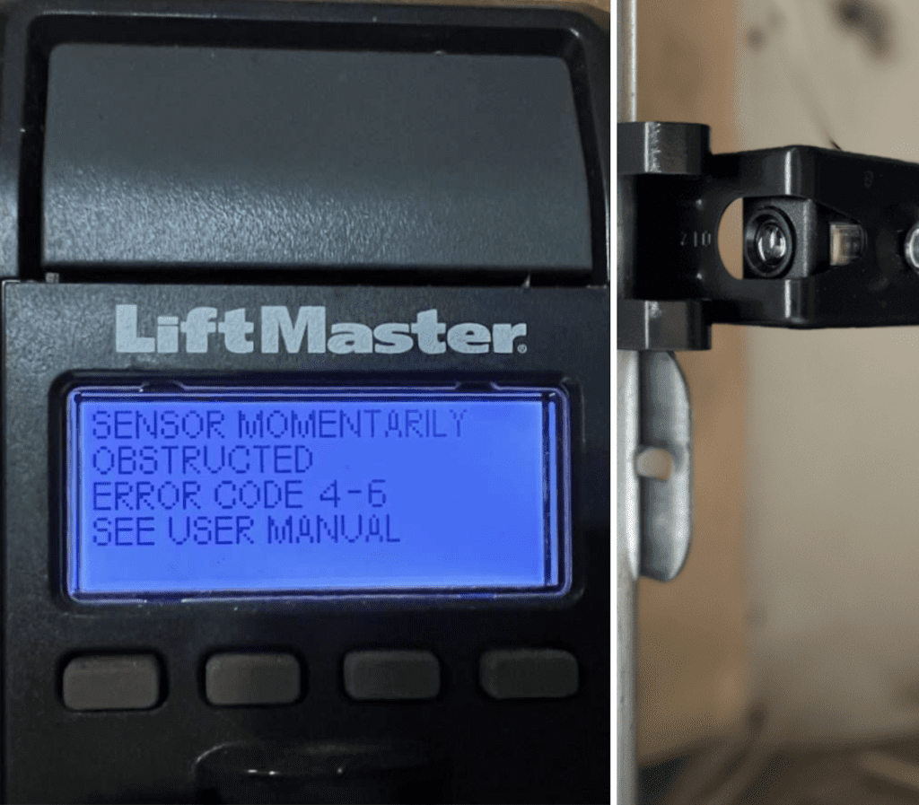 Garage door wall button showing an error message with misaligned safety sensors, needing repair and reprogramming by Penguin Garage Doors in Toronto.