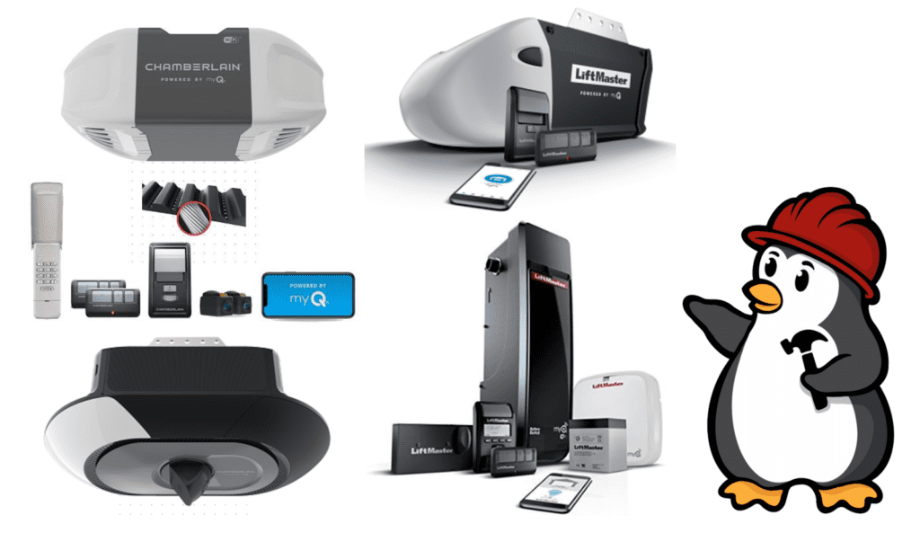 Different garage door opener types with features including built-in camera, keypad, and remote controls.